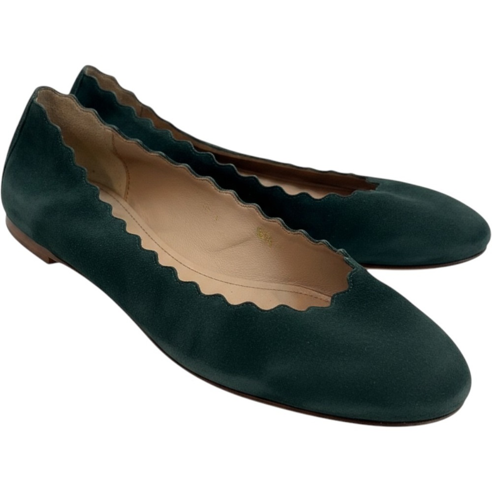 Chloe Lauren Scalloped Ballet Flats Forest Green Suede Size 38 EU Made in Italy